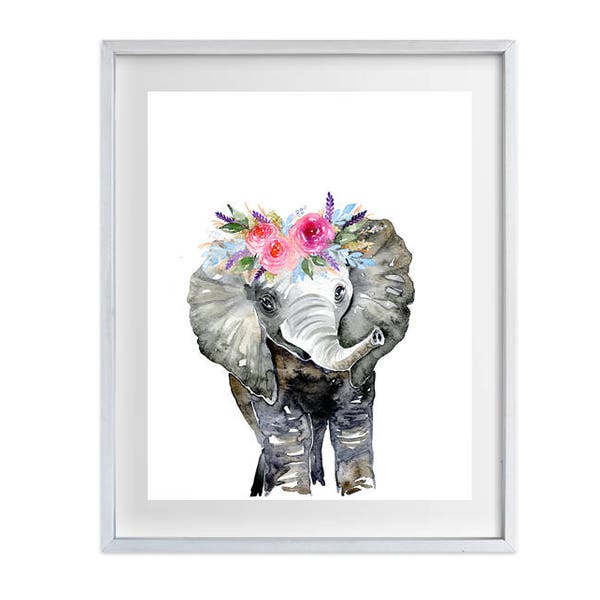 Éléphant avec couronne florale Art Print, couronne de fleurs, décor de pépinière de filles, art mural pour enfants animaux de la jungle, impression d'art, oeuvre de safari