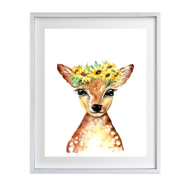 Cerf avec coiffe de tournesol Art Print, décor de pépinière de thème animal de fille, art mural pour enfants de bébé boisé, couronne de fleurs, oeuvre de faon