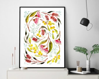 Australian Native Flowers Art Print, Aussie bush watercolour painting, Gumleaves gumnuts, Eucalyptus Floral, wall prints, Bottlebrush wattle
