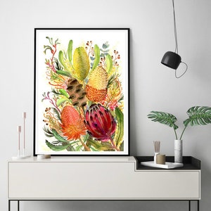 Banksia and Protea Art Print, Australian Native Flowers, Aussie Flora Watercolor Wall Art, Home Office Decor, Australian Botanical Nature