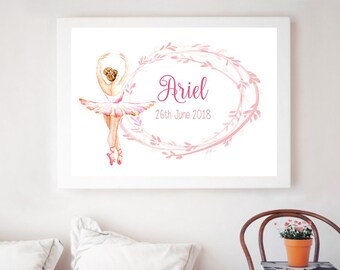 Detalles de nacimiento de bailarina de ballet de niña Impresión de arte, decoración de vivero rosa de bailarina, niña, arte de tutú de nombre personalizado personalizado, regalo de nacimiento