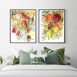 Australian Native Flower Art Prints, Aussie flora wall art Set of 2, Banksia protea bottlebrush Australiana home decor, Modern office art