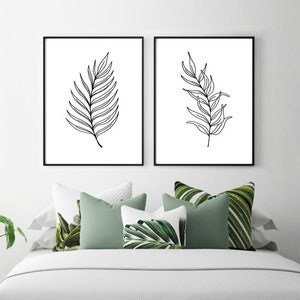 Leaf Line Art Prints, Set of 2 black and white modern art pieces, simple pen and ink drawing, modern office decor, botanic nature artwork