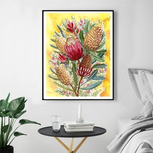 Yellow Banksia Art Print, Australian Native Painting, Watercolor Wall Art, Protea, Home Office Decor, Australian Flora, colourful nature