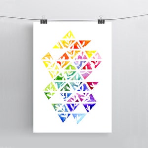 Rainbow Triangles Modern Art Print, pittura ad acquerello geo, arte da ufficio astratta, arredamento per la casa lounge, arte da parete, opere d'arte a foglia colorata