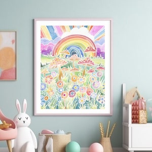 Rainbow & Toadstools Art print, colourful abstract children's wall art, whimsical fairyland landscape painting, flowers watercolour artwork