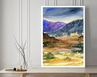 Australian Outback Watercolour Print. Modern landscape art print, Aussie bush home wall art, mountain view office decor, art for men