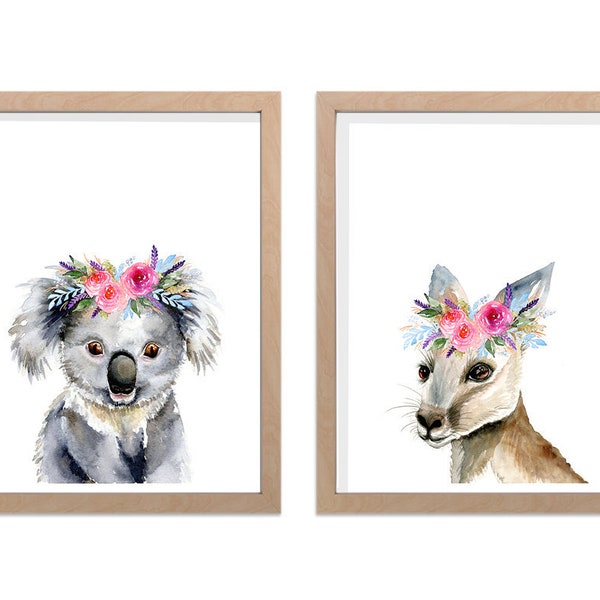 Animaux australiens avec des impressions d'art de couronnes de fleurs, ensemble de 2, art mural de chambre de bébé de fille, impressions murales de chambre à coucher de kangourou Koala, décor à la maison australien