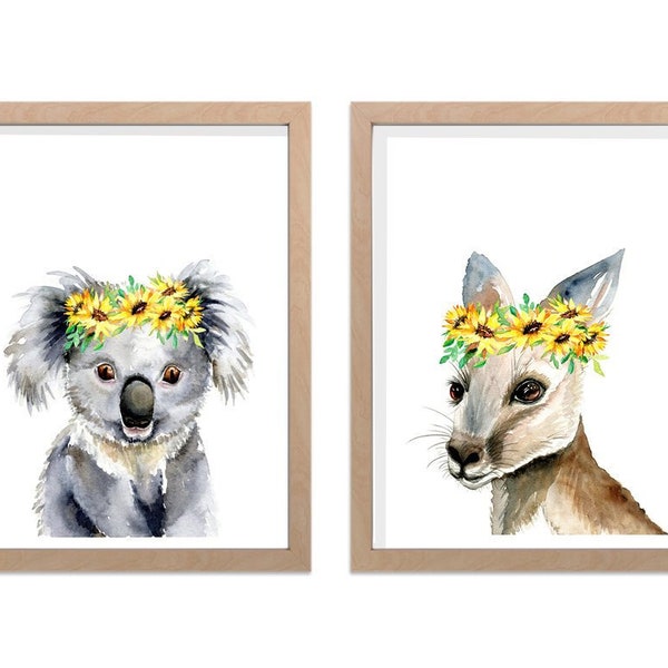 Animaux australiens avec des impressions d'art de couronnes de tournesol, ensemble de 2, art de mur de pépinière de fille, peinture de chambre à coucher de kangourou Koala, décor à la maison australien