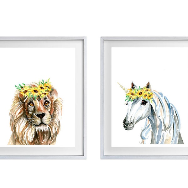 Animaux avec des impressions d'art de couronnes de tournesol, ensemble de 2, pépinière de safari, lion girafe éléphant cerf cheval renard licorne kangourou coiffe florale