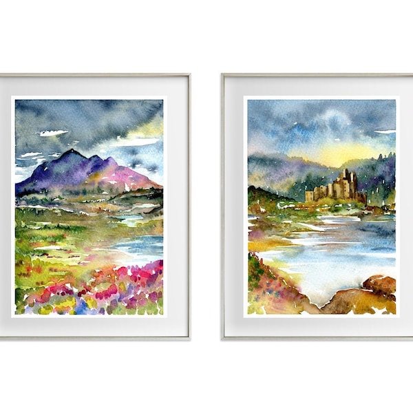 Scotland Landscape Art Prints, Scottish Highlands Wall Art, Set of 2, Clouds Castle Moody Skies, Scenery and Nature Landscapes Painting