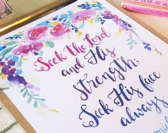 Seek The Lord Bible Quote Art Print, 1 Chronicles 16:11, Watercolour Painting, home decor, inspirational quote, scripture prayer, Christian