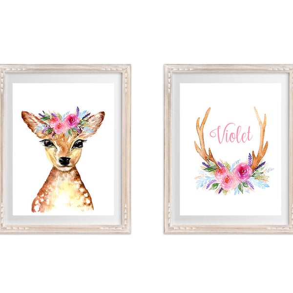 Boho Nursery Art Prints, Set of 2, Girl's Nursery wall art, Deer with Flower Crown bedroom wall prints, Floral headdress andouillers home decor