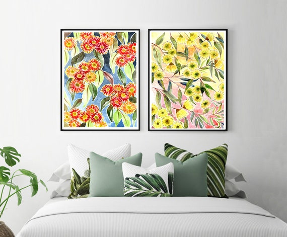 Australian Gum Blossom Art Prints, Aussie flora wall art, Set of 2, eucalyptus leaves gumleaf, red yellow gumblossom, Australiana home decor
