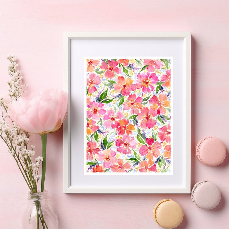 Pink Flowers Art Print, Floral Watercolour Painting, Bright Home Decor ...