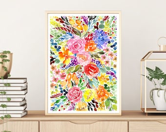 Colourful Spring Flowers Art Print, Floral Watercolour Painting, Bright Home Decor, Botanical Nature wall art prints, roses rainbow colours