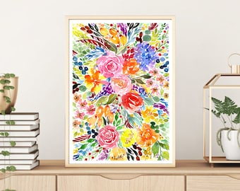 以下が含まれることがあります： カラフルな花束の水彩画。花はピンク、赤、黄色、オレンジ、紫です。背景は白です。