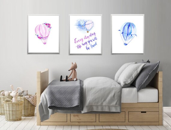 Girl And Boy Twin Nursery Art Prints Hot Air Balloon Pink Blue Bedroom Wall Artwork Girls Boys Shared Bedroom Love Quote Sibling Art
