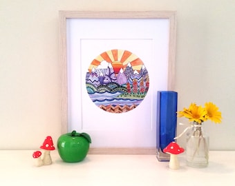 70's Zentangle Sunshine Art Print, decoración del hogar, arte de pared, montañas, impresión de arte de escena, años setenta, cartel de arte de acuarela, círculo, decoración de oficina