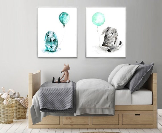 Mint Green Nursery Art Bunnies With Balloons Watercolour Prints Bedroom Decor Pastel Grey Rabbit Painting Baby Boy Girl Wall Art Bunny