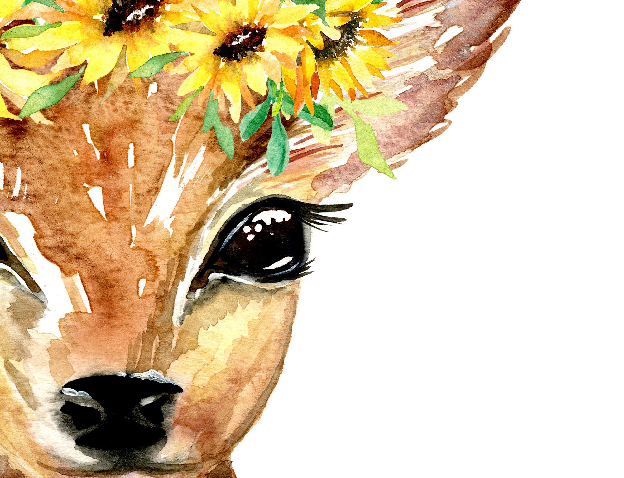 Deer with Sunflower headdress Art Print girl's animal Etsy