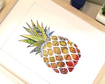 ゼンタングル パイナップル 水彩画 プリント、ホーム デコレーション