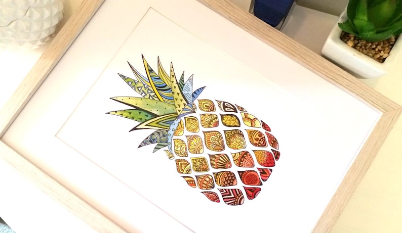 Zentangle Pineapple Watercolour Print, home decor, modern wall art, pineapple art print, funky fresh, office print image 4