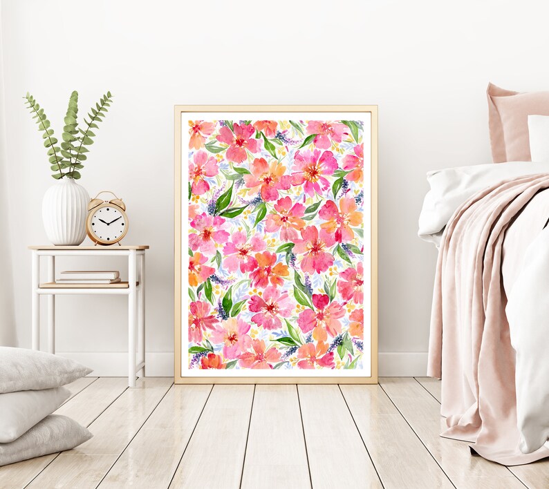 Pink Flowers Art Print, Floral Watercolour Painting, Bright Home Decor ...