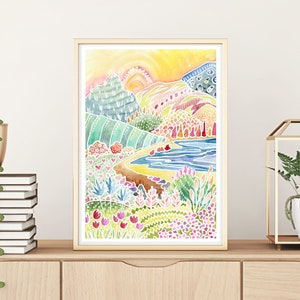 Beach Scene Art print, coastal abstract wall art, colourful Landscape painting, whimsical watercolour artwork, impressionist scenery poster