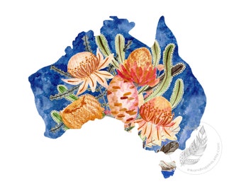 Australia with Banksias Art Print, Native Flora watercolour art, Aussie wall decor, Australian Native Flowers painting, Map outline protea