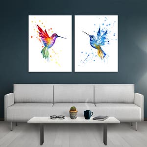 Hummingbird Pair, art prints, bird wall art office print, Watercolour painting, art poster, rainbow blue hummingbirds, pair of birds, nature image 2