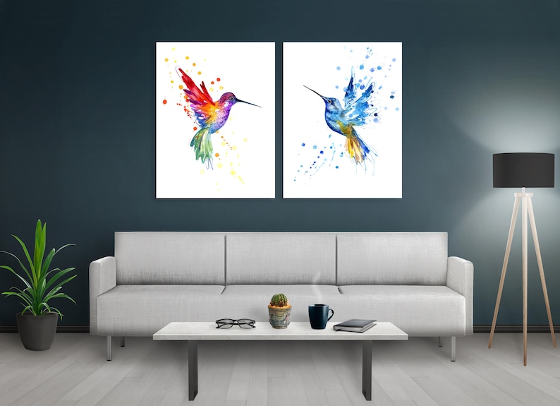 Hummingbird Pair, art prints, bird wall art office print, Watercolour painting, art poster, rainbow blue hummingbirds, pair of birds, nature image 2