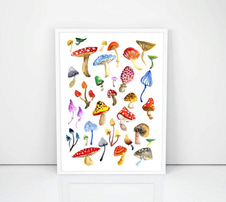 Toadstools & Mushrooms Art Print Colourful Watercolor Wall | Etsy