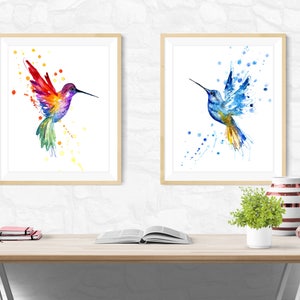 Hummingbird Pair, art prints, bird wall art office print, Watercolour painting, art poster, rainbow blue hummingbirds, pair of birds, nature image 6