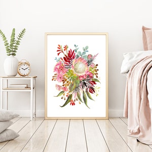 Australian Flowers Art Print, Native Aussie Flora wall decor, protea banksia gumleaves, Modern Watercolor Office Decor Floral Nature artwork image 5