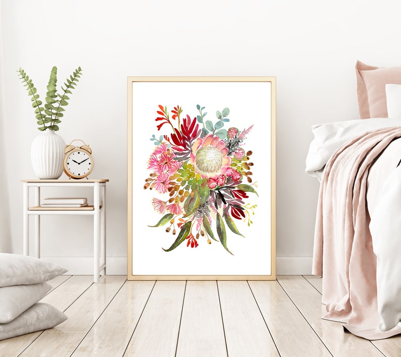 Australian Flowers Art Print, Native Aussie Flora wall decor, protea banksia gumleaves, Modern Watercolor Office Decor Floral Nature artwork image 5