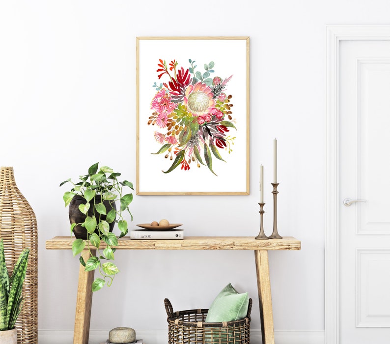 Australian Flowers Art Print, Native Aussie Flora wall decor, protea banksia gumleaves, Modern Watercolor Office Decor Floral Nature artwork image 4