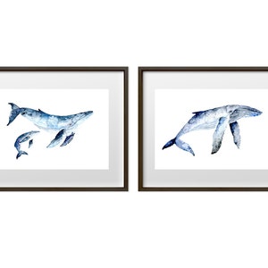 Blue Whale Watercolour Prints (pair) Mother & Baby whale, and single whale, office or home art, wall decor, under the sea, art print, whales