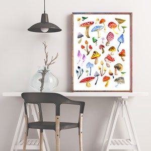 Toadstools & Mushrooms Art Print, Colourful Watercolor Wall Art, Home Decor, Fungus Woodland Painting, Forest Nature Woods Natural Artwork image 6