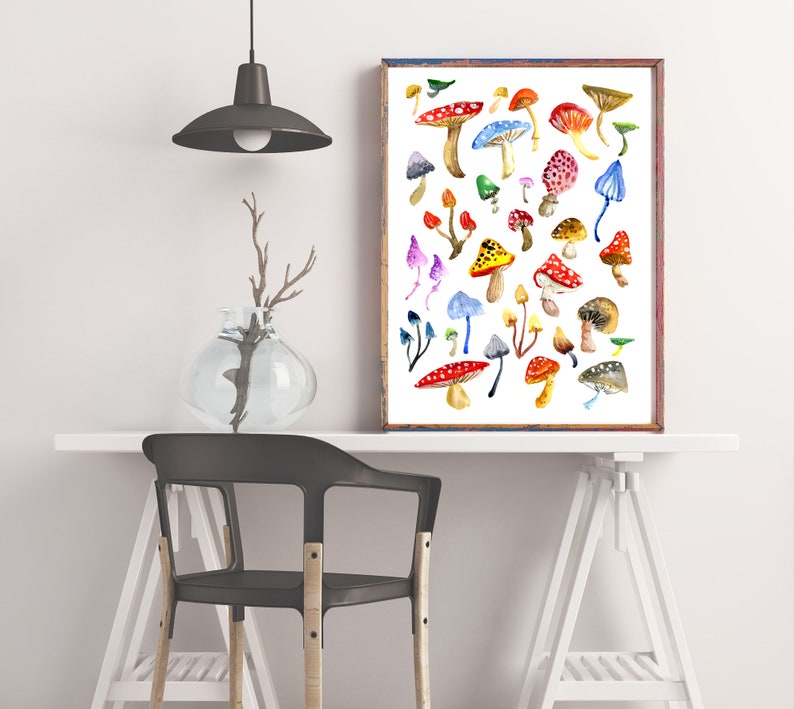 Toadstools & Mushrooms Art Print, Colourful Watercolor Wall Art, Home Decor, Fungus Woodland Painting, Forest Nature Woods Natural Artwork image 6