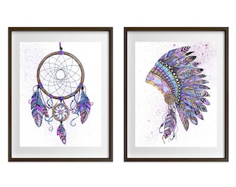 Impresiones artísticas en acuarela de atrapasueños y tocado nativo (par) Juego morado O azul/verde. Tribal, dibujo zentangle, vivero boho