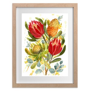 May include: Watercolor painting of a bouquet of red and yellow Australian native flowers, including banksia and protea, with green leaves and a white background.