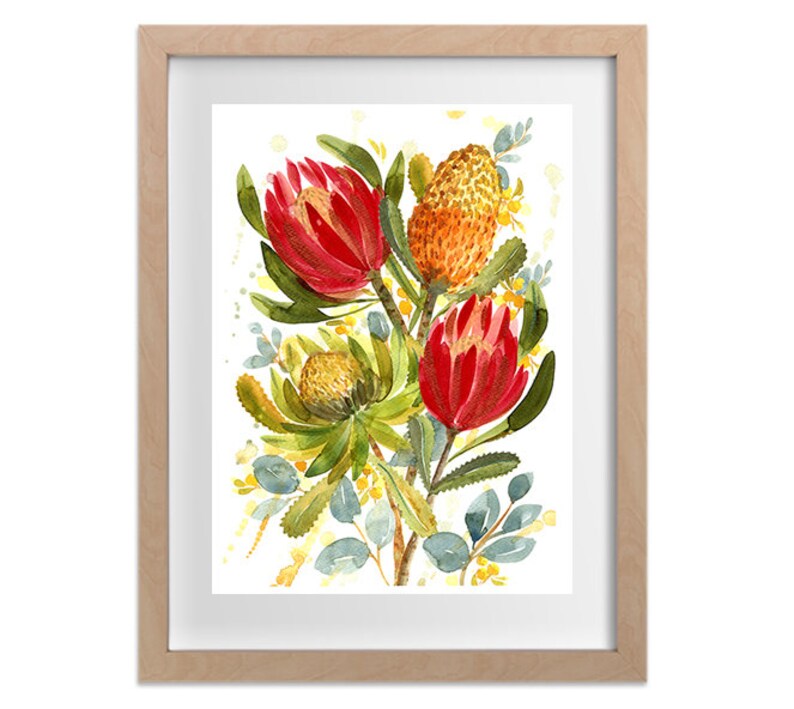 May include: Watercolor painting of a bouquet of red and yellow Australian native flowers, including banksia and protea, with green leaves and a white background.