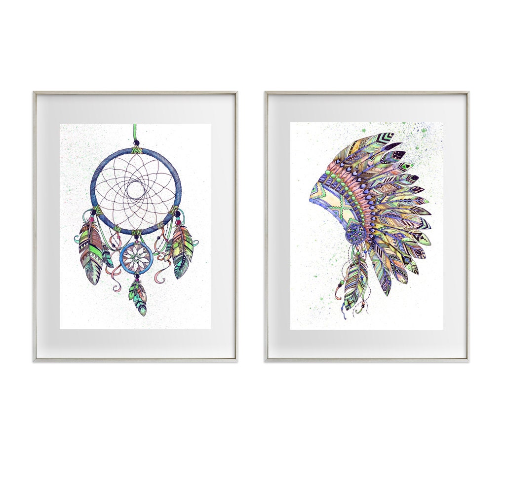 Dreamcatcher and Native Headdress Watercolour Art Prints | Etsy