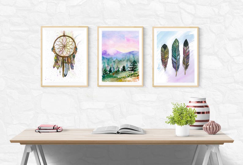 Boho Wall Art. Dream catcher zentangle feathers mountain | Etsy