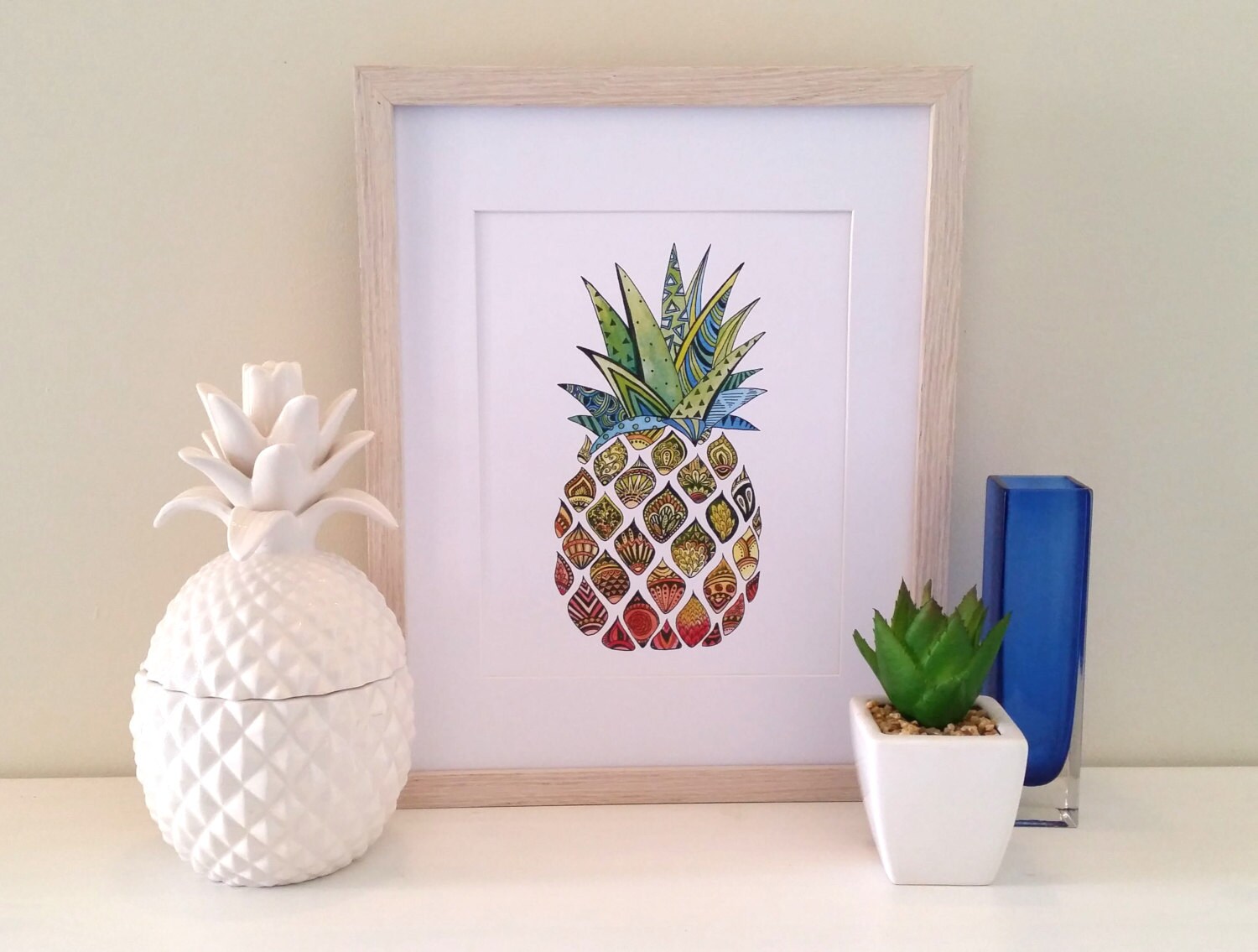 ゼンタングル パイナップル 水彩画 プリント、ホーム デコレーション