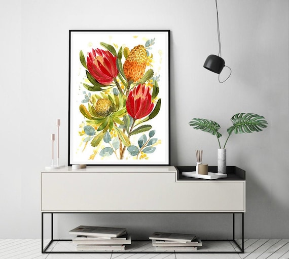 Protea Australian Native Art Print, King Proteas Modern Aussie Flowers Painting, Decor Wall Art, Banksia Australian Flora, Botanical Nature