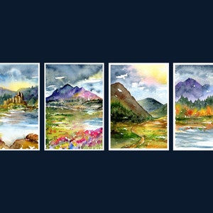 Scottish Landscape Watercolour Prints set of 4. Scotland painting Art poster, colourful mountain lakes picture, clouds outdoors wall art image 2
