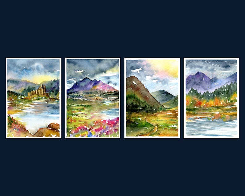 Scottish Landscape Watercolour Prints set of 4. Scotland painting Art poster, colourful mountain lakes picture, clouds outdoors wall art image 2