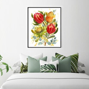 May include: A watercolor painting of a bouquet of red and yellow protea flowers with green leaves on a white background.